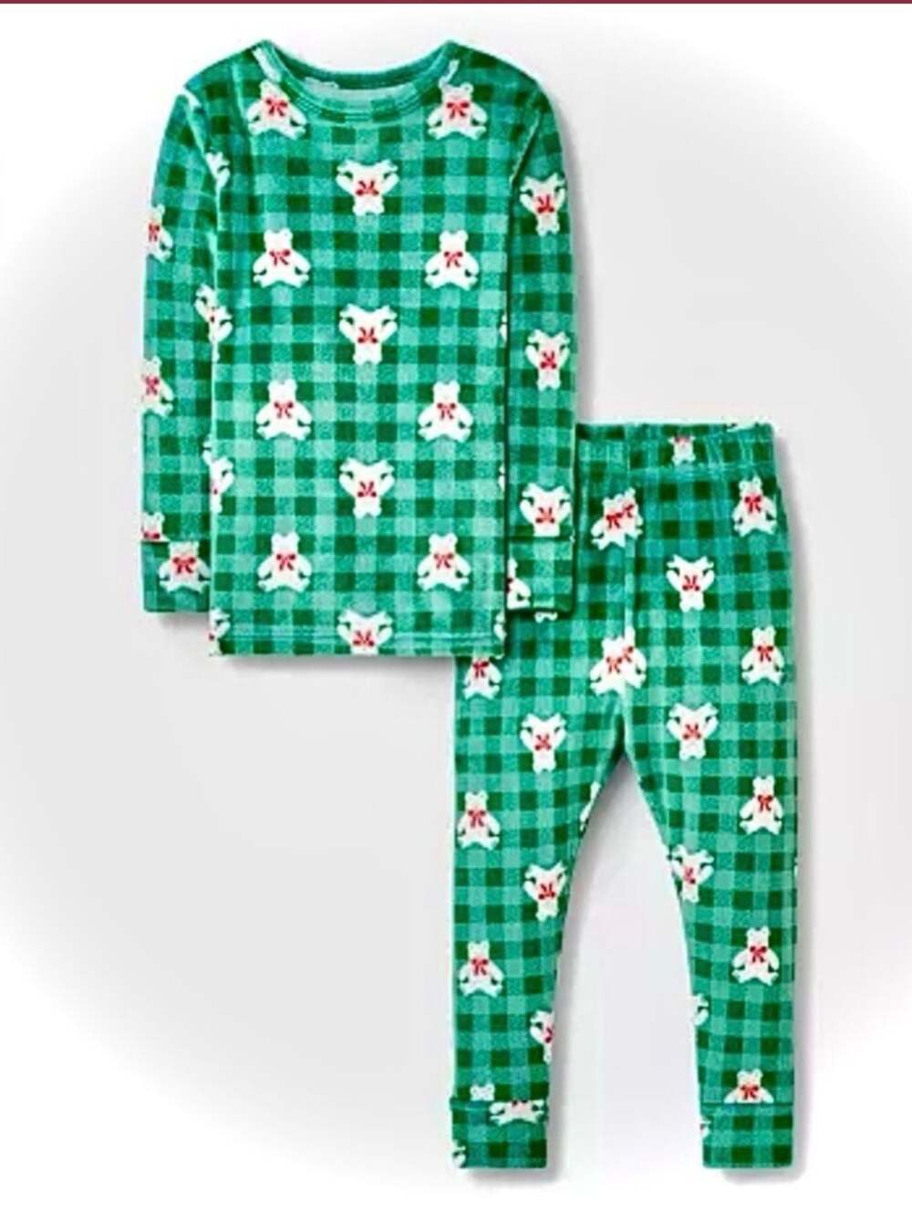 Cat & Jack Toddler Green Gingham White Bear Holiday Fleece Pajama Set Size 8